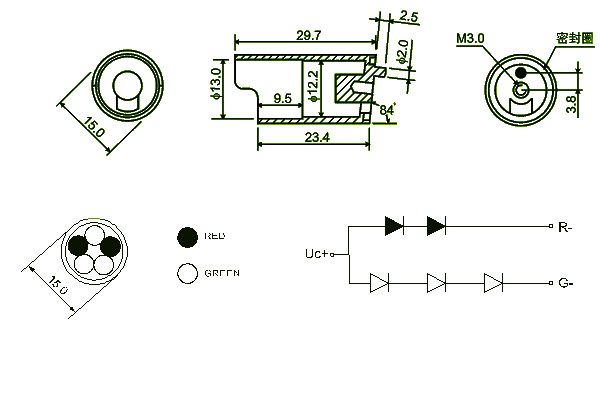 led cluster | 15mm (2 red 3 green, round packed) Package diagram 