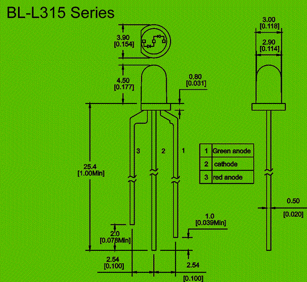 bicolor LED | 3mm LED | 3 pin Package diagram 