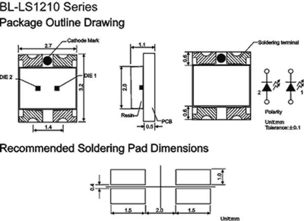 bicolor LED | 1210 LED | 3227 dimension Package diagram 